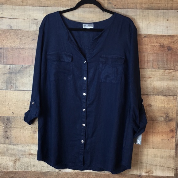 JM Collection Tops - JM Collection Navy Button Down Linen Top SZ 16 New